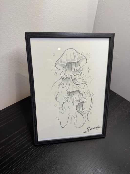 Dessin original et exemplaire unique d'une méduse crée par Sketchycore, cadre format A4